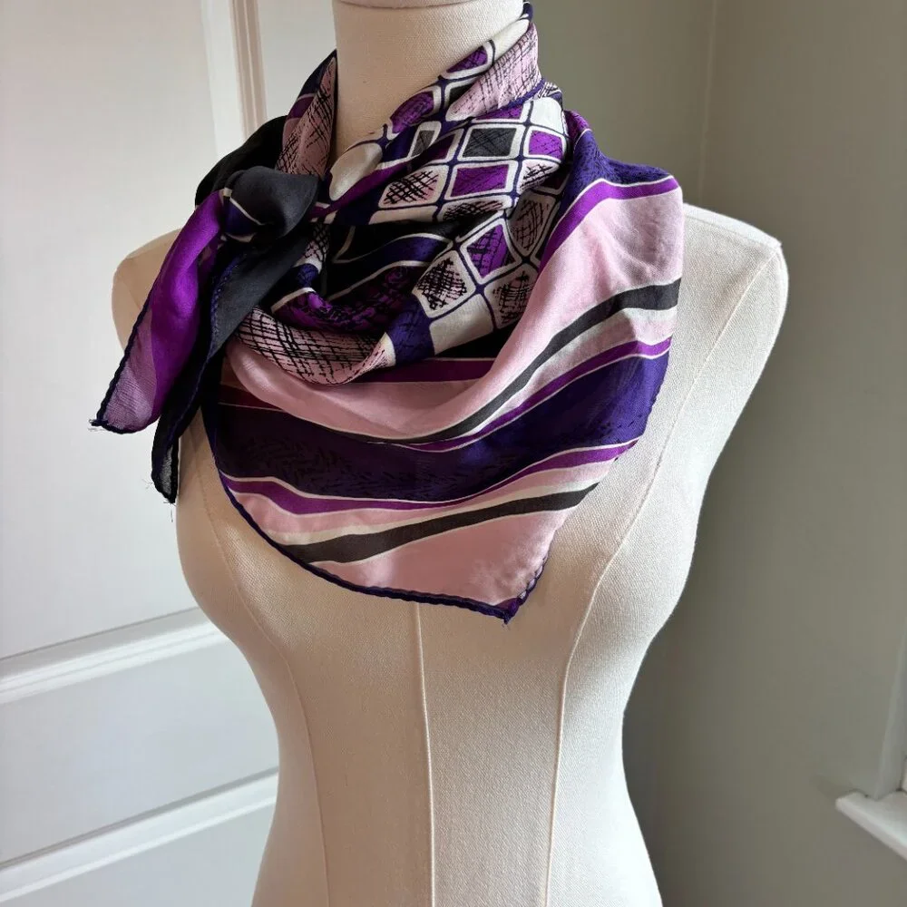 Halston Printed Silk Scarf Hand Rolled Hem Purple Pink Charcoal‎ Abstract